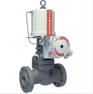 Valvola di regolazione pneumatica bianca e rossa con il MD del posizionatore UAS Logix 3200 di Flowserve