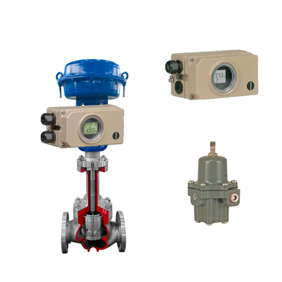 Valvola di controllo del tubo ondulato con posizionatore elettropneumatico Samson 3730-3 e regolatore di filtro Fisher 67CFR