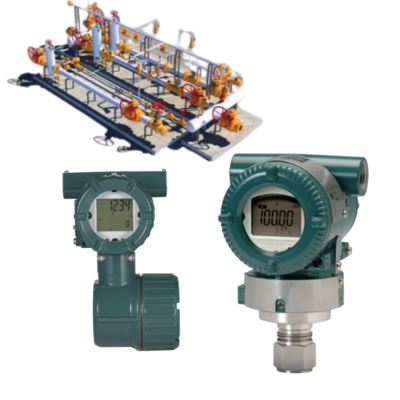 Sistema skid di commutazione valvole, dotato di misuratori di portata a vortice serie Yokogawa VY e trasmettitori di pressione Eja210e, Eja430e, Eja438e ed Eja530e