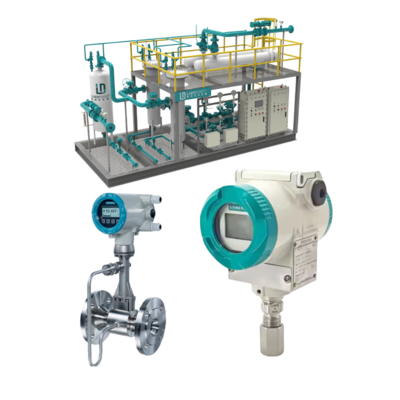 Trasmettitore di pressione Siemens SITRANS P320 7MF0300, misuratore di portata a vortice SITRANS FX330 e collettore per valvola di controllo del flusso