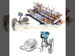 Un sistema skid per valvole di gas naturale dotato di un flussometro a vortice Rosemount Serie 8800 e un trasmettitore di livello a flangia 3051L.